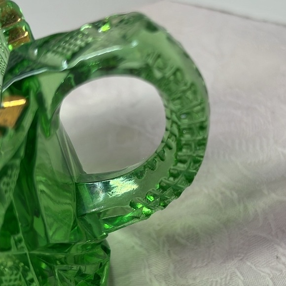 EAPG Green Gold Creamer Sugar, diamond basket weave pressed glass early american - Picture 7 of 16